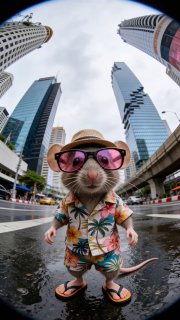 Антропоморфная мышка в солнцезащитных очках и гавайской рубашке на фоне небоскрёбов Бангкока, fisheye‑ракурс, превью из теста Cinema Studio 2.0.