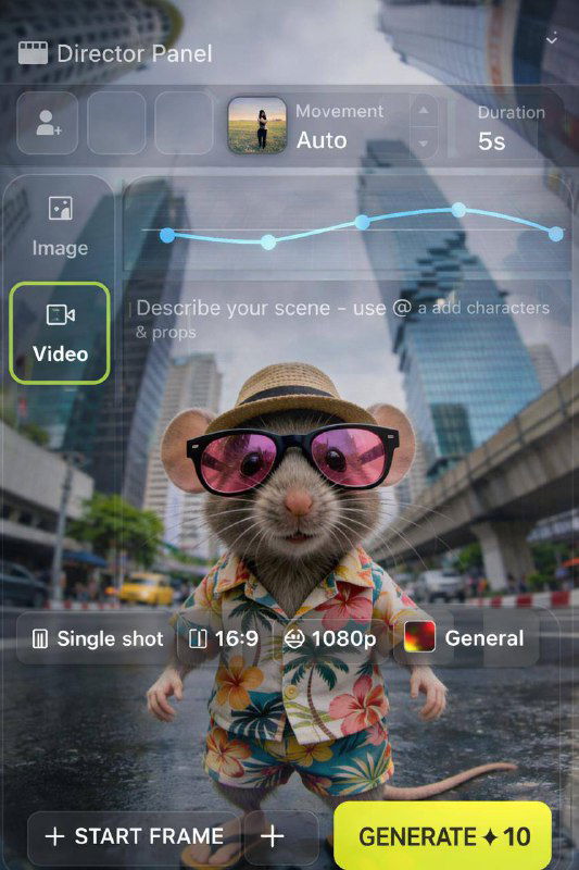 Кадр превью генерации видео в Cinema Studio 2.0: мышка в гавайской рубашке в центре кадра и наложенная панель настроек (Single shot, 16:9, 1080p).