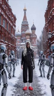 Человек в чёрной одежде и красных тапочках стоит на заснеженной Красной площади перед собором, окружён роботами — стилизованное AI‑изображение
