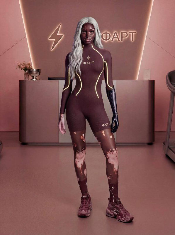 Модель в полном комплекте коллекции «Фарт»: костюм, ботинки и аксессуары, брендовый сет в студийной обстановке с логотипом на фоне.