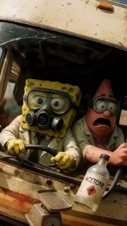 Губка Боб и Патрик в противогазах за рулём фургона; на столе бутылка с надписью «Acetone», композиция в мрачном киношном стиле.