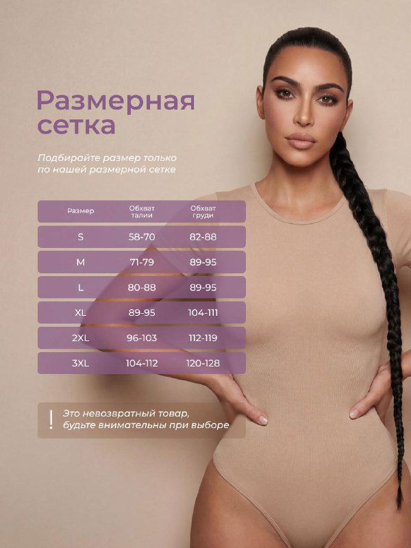 Инфографика с размерной сеткой: модель в бежевом боди, таблица размеров и подсказки по выбору, сделанные для повышения доверия и кликабельности.