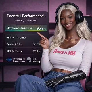 Женщина в наушниках у экрана со сравнительной диаграммой точности моделей (Scribe v2 95.7%) — визуализация улучшения распознавания речи.