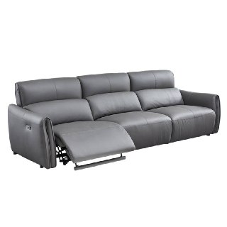 Серый диван Cowhide на белом фоне, вид сбоку с поднятой ногой реклайнера и видимым механизмом.