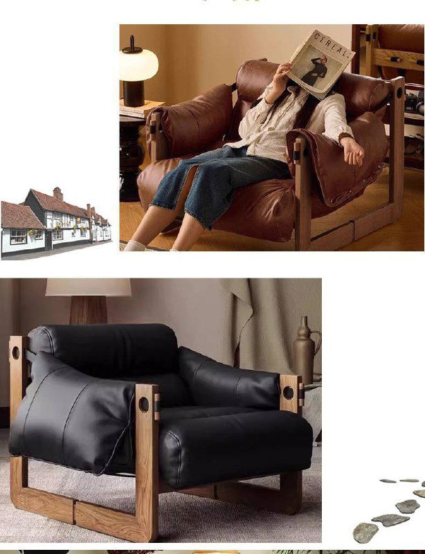 Коллаж из фотографий кресла в чёрной обивке на деревянном каркасе, демонстрация формы и посадки в разных ракурсах.