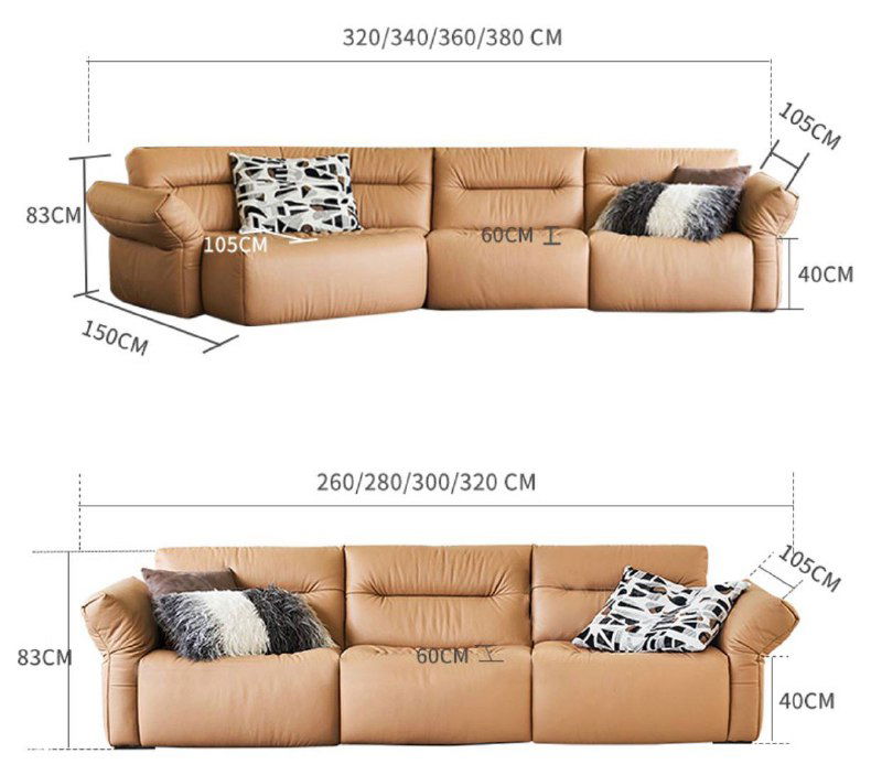 Схема и замеры дивана с обозначением длины секций (320/340/360/380 см и других размеров), указаны высота и глубина в сантиметрах для выбора конфигурации.