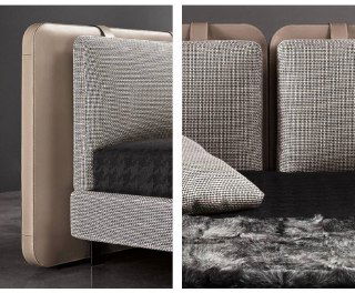 Детализированная панель изголовья в разрезе: сочетание ткани и искусственной кожи, аккуратные швы и текстура поверхности на ближнем плане.