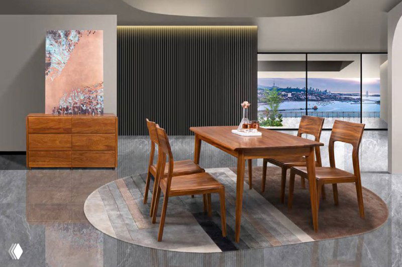 Международный ракурс обеденной зоны: стол, стулья и комод из дерева с заметной текстурой южноамериканского ореха.