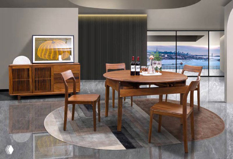 Круглый стол из южноамериканского ореха с раздвижной вставкой в интерьерном окружении, вид сбоку с сервировкой.