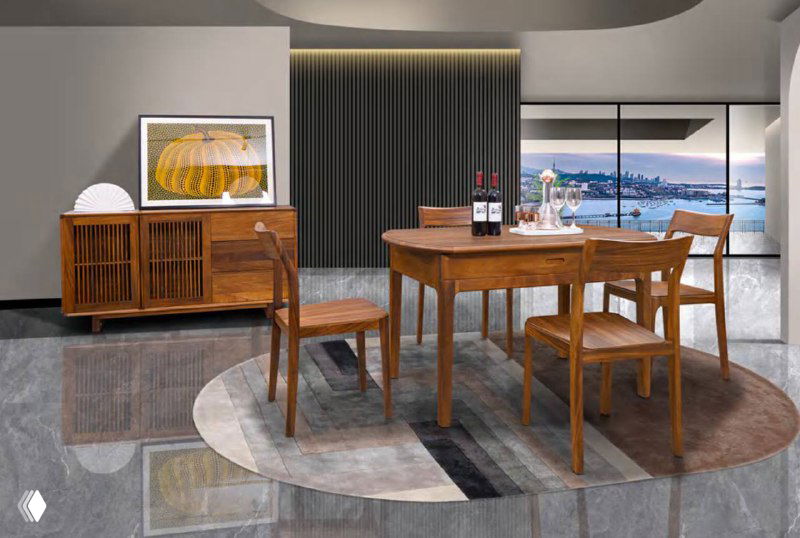 Общий вид нескольких моделей столов и стульев из массива южноамериканского ореха, демонстрация вариантов столешниц и ножек.