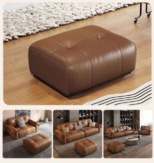 Кожаная оттоманка в коричневом цвете на деревянном полу: крупный план показывает строчки, форму и возможное дополнение к диванному гарнитуру.