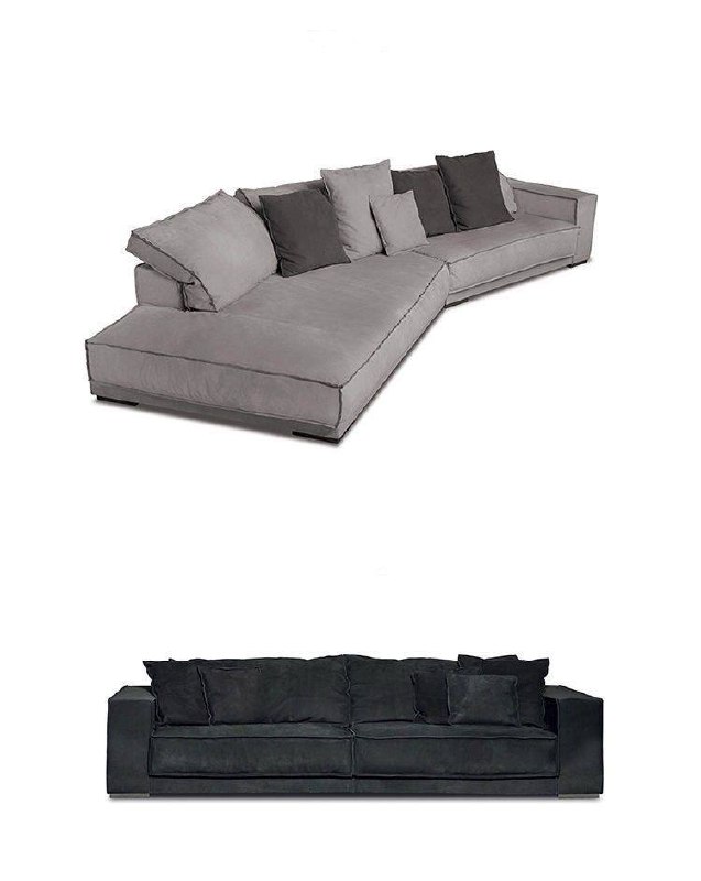 Коллаж — два варианта дивана в темной и светлой обивке: набор модулей, прямые линии и варианты оформления сидений и подушек