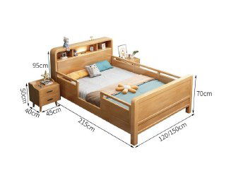 Схематичное изображение с размерами кровати: габариты и расстояния указаны для модели 120/150/200, инфографика размеров на фоне кровати.