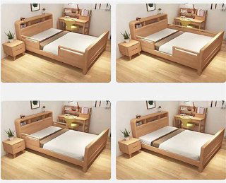 Коллаж из четырёх вариантов раскладки и сборки детской кровати из дуба, демонстрация модульности и компоновки спального места.