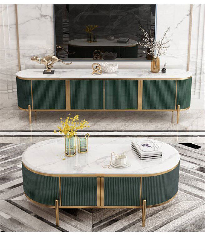 Пример комплекта в другом цвете: светлая столешница и зелёная/белая отделка корпуса журнального столика и тумбы с золотыми акцентами.