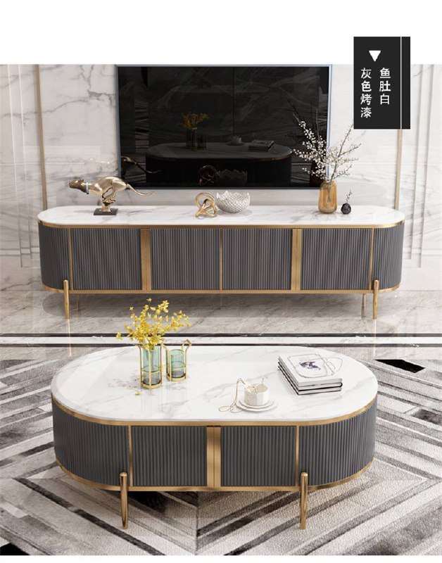 Композиция из ТВ тумбы и журнального столика в сером цвете на декоративном ковре, демонстрация пропорций и стиля набора мебели.