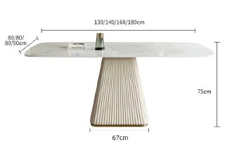 Схема размеров обеденного стола с указанием возможной длины 130/140/160/180 см и высоты 75 см, вид снизу и габариты основания 67 см.