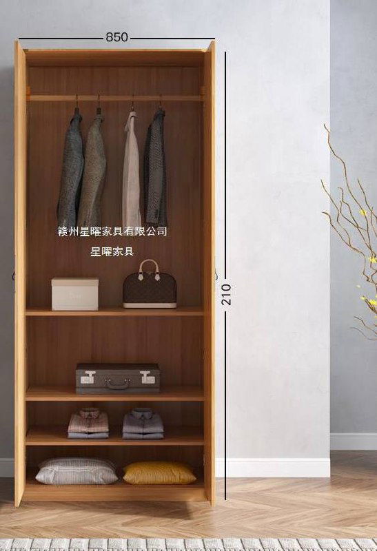 Отдельная секция шкафа с размерами 850 мм в ширину и высотой 2100 мм, полки и штанга для одежды, вид без дверей.