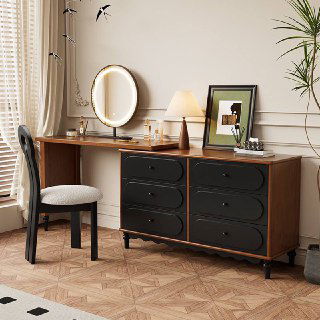 Уголок с туалетным столиком из ясеня, круглое зеркало на стене и стойка с лампой; демонстрация пропорций и сочетания оттенков дерева.