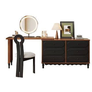 Изолированная студийная фотография комплектного туалетного стола и комода из ясеня на белом фоне для каталога товара.