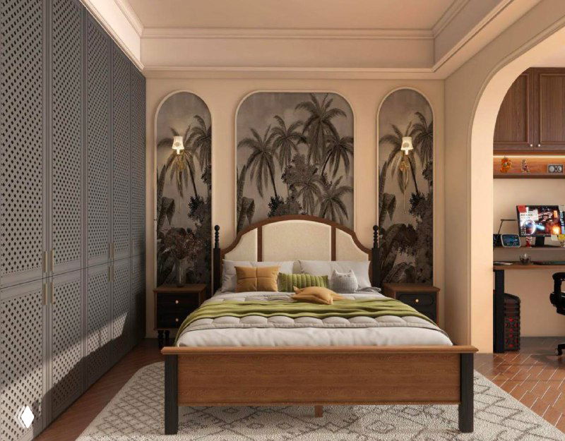 Кровать в интерьере с арочными нишами и растительным панно, тёплая цветовая гамма и аккуратная текстильная отделка в спальне.