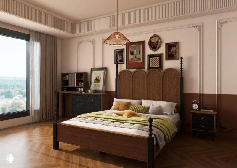 Кровать с высоким изголовьем и тёмными ножками в уютной спальне у большого окна, комбинированные материалы и деревянный пол.