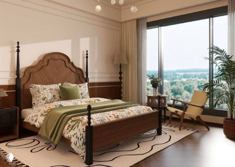 Кровать в светлой комнате с большим окном, текстиль с растительными мотивами и тёплая цветовая палитра, современная классика.