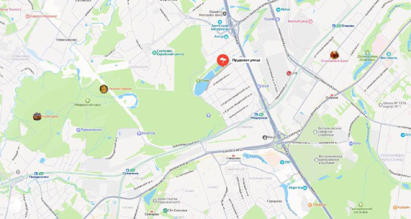 Карта района Солнцево с отмеченной Прудовой улицей, Мещерским парком и прудом — схема расположения участков, предлагаемых под ИЖС.