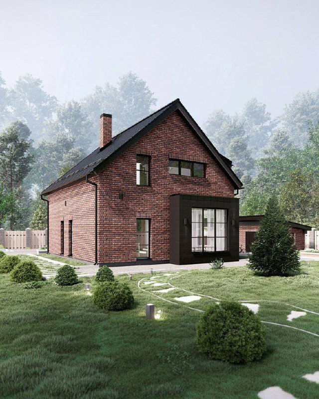 Перспективный вид заднего фасада и участка дома «Брюгге»: отделка искусственным камнем и озеленение в композиции двора и тротуаров.