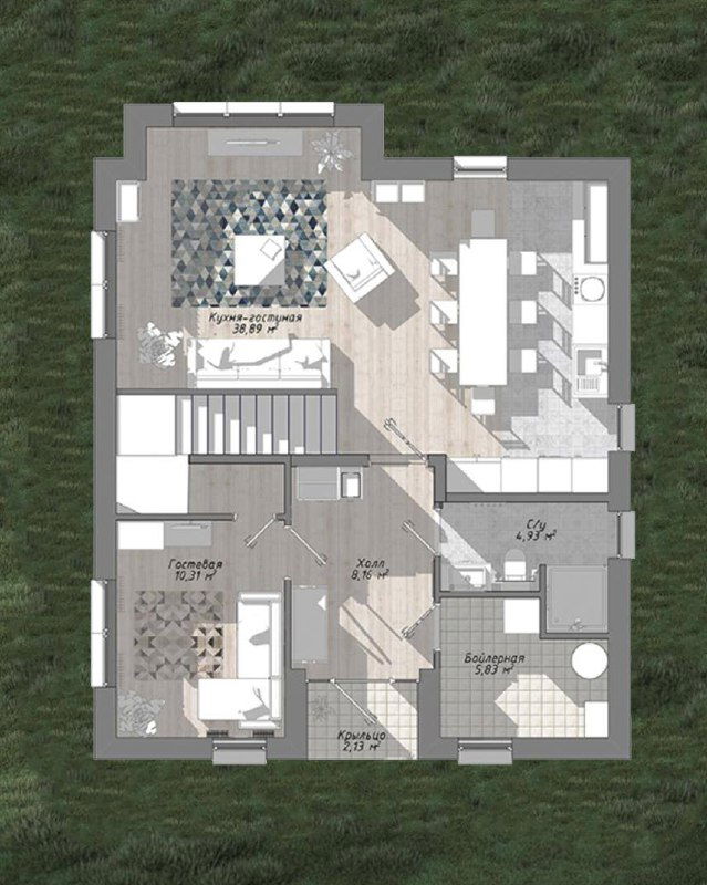 План первого этажа проекта «Брюгге»: на схеме видна кухня‑гостиная с эркером, гостевая, котельная, кладовая и расположение санузла — наглядная планировка.