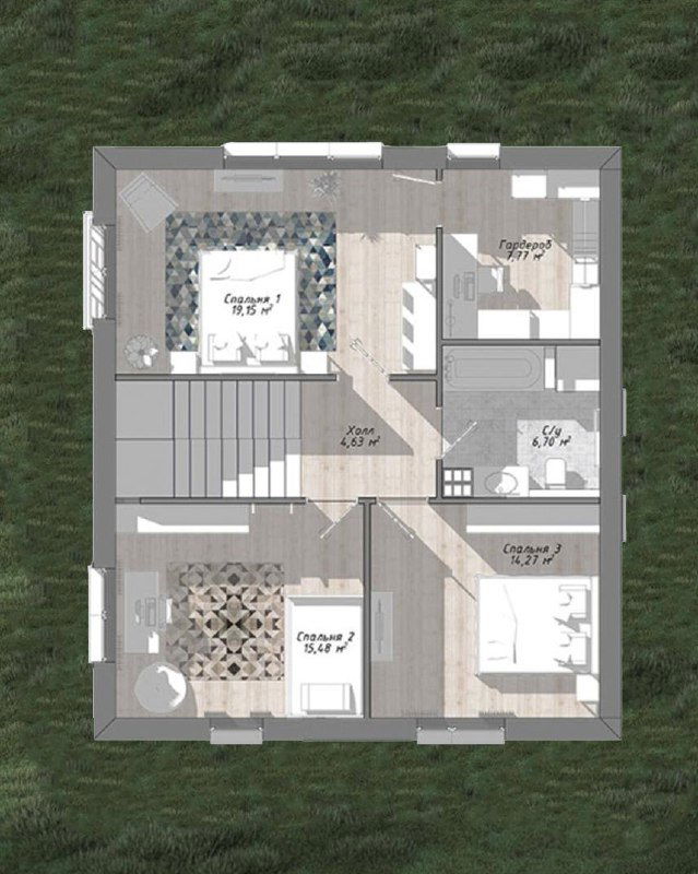 План второго этажа дома «Брюгге»: три спальни, включая мастер‑спальню, санузлы и гардеробные — схема демонстрирует зонирование приватной части.