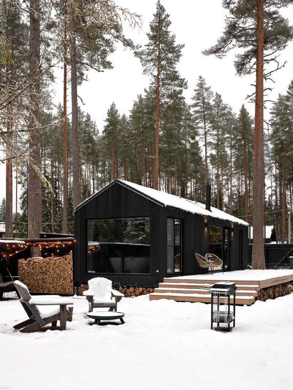 Чёрный одноэтажный домик в лесу, на переднем плане садовая мебель и снег, композиция подчёркивает компактность и окружение хвойных деревьев.
