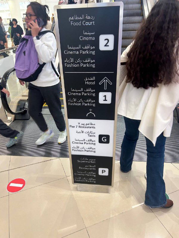 Информационный стойкий знак внутри Mall, указывающий направление к фудкорту, кинотеатру, парковке и другому сервису для посетителей.