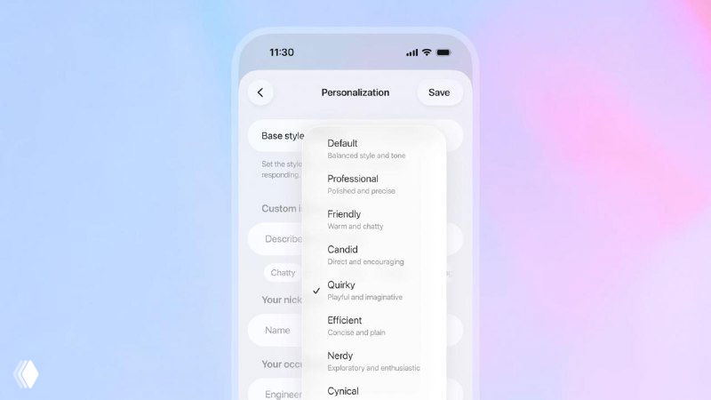 Скриншот интерфейса настроек ChatGPT: список доступных стилей и опций персонализации (лаконичность, эмодзи, теплота) в мобильном UI.