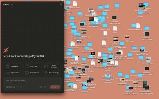 Фото рабочего стола с разбросанными иконками и документами, слева мини-окно приложения — подчёркивает задачи по сбору файлов.