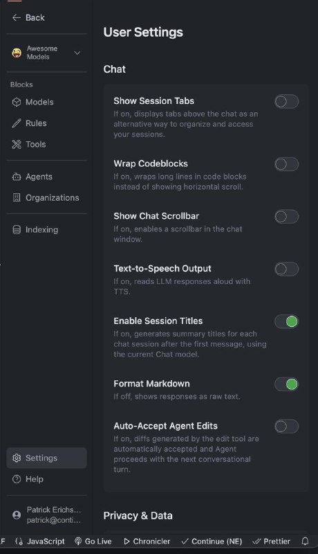 Окно настроек пользователя Continue в VS Code: карточные переключатели, опции Show Session Tabs, Auto-Accept Agent Edits и раздел Privacy & Data в компактном виде.