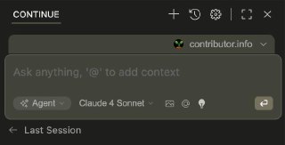 Минималистичный ввод в Continue: поле 'Ask anything', подсказка, селектор модели (например, Claude 4 Sonnet) и аккуратная карточная панель ассистента в тёмной теме.