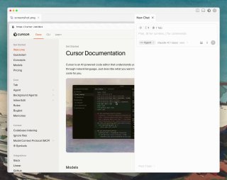 Превью документации Cursor: левая колонка с меню документации и правое окно чата агента, демонстрация структуры и поддержки контента.