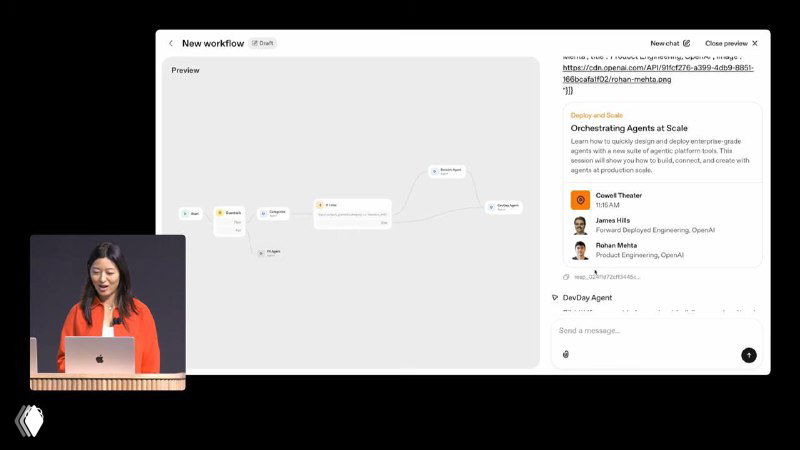 Скриншот демо-интерфейса с видеоврезкой докладчика и визуальной картой взаимодействий агента внутри окна приложения ChatGPT