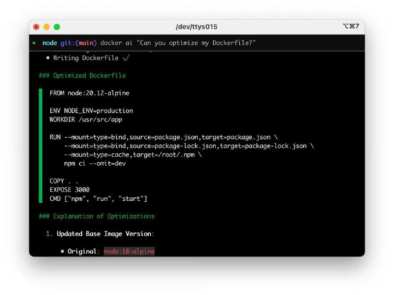 Тёмный терминал с фрагментом Dockerfile и командой для вызова агента (docker ai) — демонстрация анализа и предложений по оптимизации сборки.