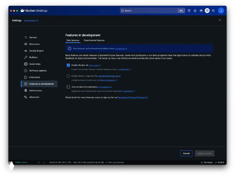 Окно настроек Docker Desktop с опцией «Docker AI» — интерфейс включения агента Gordon в Desktop (статус бета, требует Docker Desktop 4.38+).