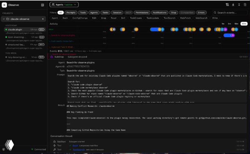 Скриншот отладочной панели Agents-observe: текстовые логи, подробные сообщения и структура вызовов MCP, тулов и вебхуков для диагностики ошибок Claude.