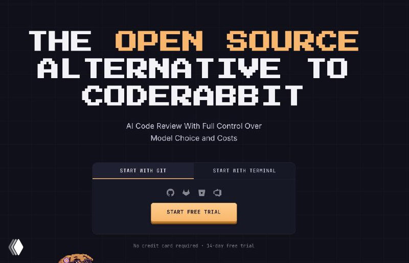 Скриншот лендинга с надписью «The open source alternative to CodeRabbit», тёмная тема, кнопка call‑to‑action и элементы навигации сайта.