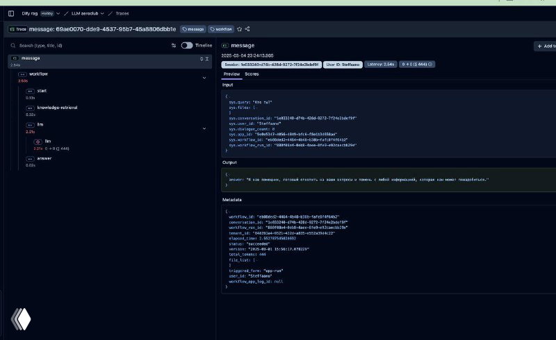 Экран с примером запроса и ответа в Langfuse: панель отладки, JSON-вывод запросов и сведения о токенах и сессии.