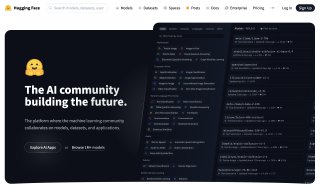 Скриншот главной страницы Hugging Face: тёмная тема, слева слоган и навигация, справа примеры кода и модели.