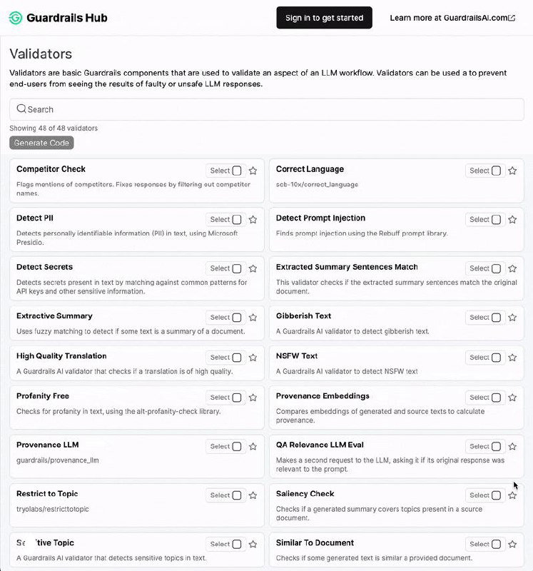 Скриншот интерфейса Guardrails Hub: список валидаторов, переключатели и настройки для контроля вывода и обнаружения проблем