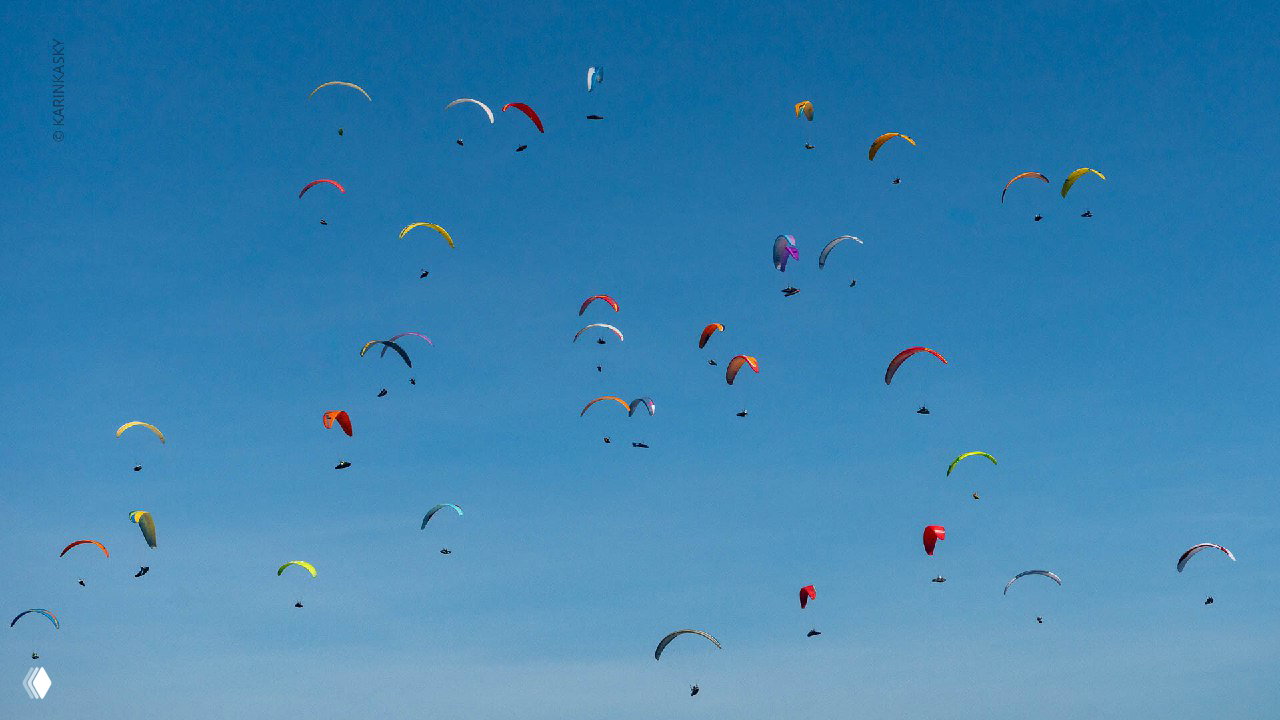 Группа разноцветных парапланов в небе на фоне чистого голубого неба — плотная стая участников соревнований Tom Yum Cup в Таиланде.