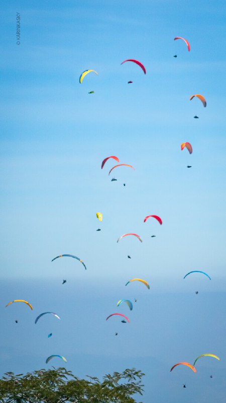 Много разноцветных парапланов, рассредоточенных в голубом небе над таиландским рельефом — массовый старт и групповой полёт