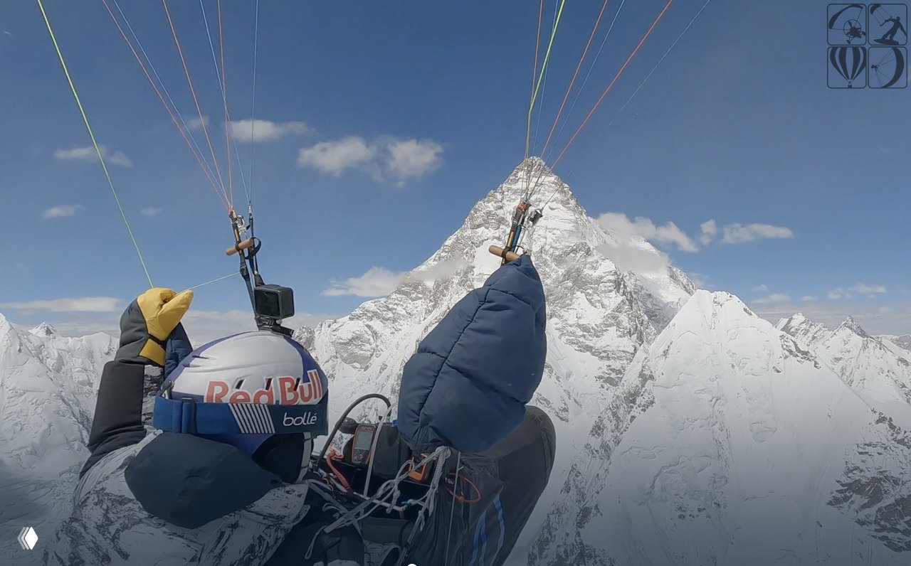 Крупный план пилота в шлеме Red Bull и тёплой экипировке, вид из-под купола параплана на заснеженную пирамиду горы K2.