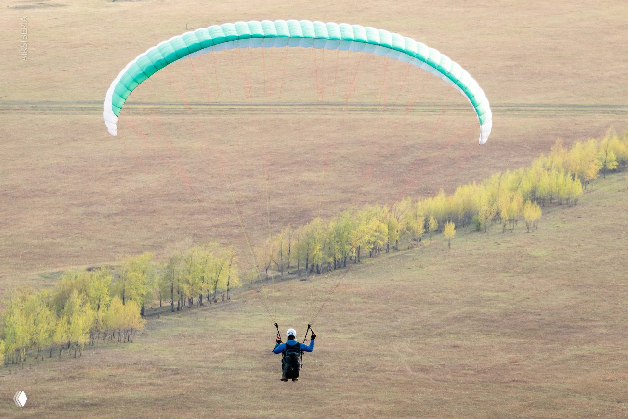 Пилот под куполом в полёте над открытой степью и линией молодых деревьев, общая перспектива показывает масштаб местности и высоту.